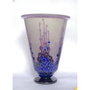 Schneider: Large Vase , Roses Trémières" Model , Signed Le Verre Français Circa 1927 -1928