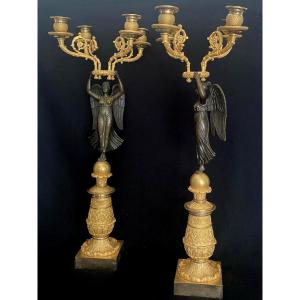 Pair Of Gilt And Patinated Bronze Candelabras, Restoration Period