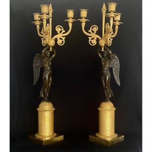 Pair Of Early 19th Century Candelabra In Gilt And Patinated Bronze With Three Light Arms