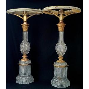 Pair Of Sinombre Lamps In Le Creusot Crystal And Bronze From The Restoration Period