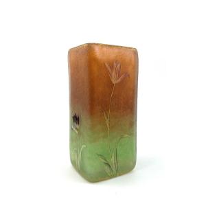 Daum Nancy, Square Vase Decorated With Enameled Wild Tulips, Circa 1900