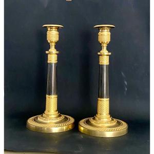 Pair Of Empire Period Patinated And Gilt Bronze Candelsticks