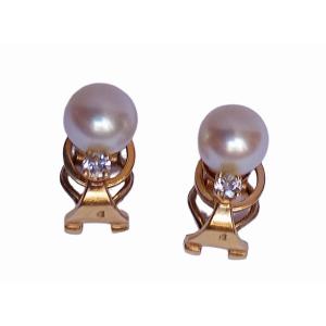 Pair Of Gold, Pearl And Diamond Ear Clips