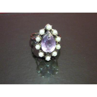 White Gold Ring, Amethyst And Small Pearls