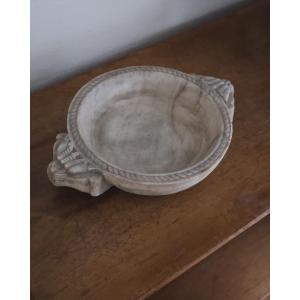 Round White Marble Dish With Feline-head Handles