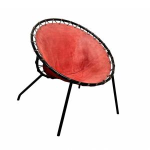 'balloon' Lounge Chair By Hans Olsen, Red Suede, Metal, Denmark Circa 1960