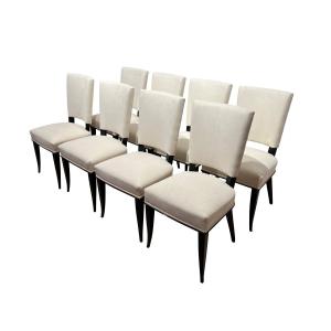 Set Of 8 Art Deco Chairs, Black Lacquer, Creme Velour, France Circa 1930