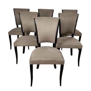 Set Of 6 Art Deco Chairs, Black Lacquer, Grey Alcantara Leather, France Circa 1930