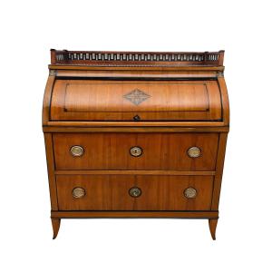 Biedermeier Roll- Top Desk, Cherry Veneer, Ink, Brass, South Germany Circa 1820
