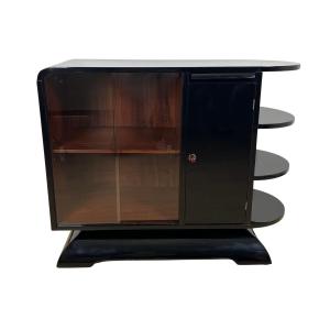 Art Deco Bar Cabinet, Black Lacquer, Mahogany, France Circa 1930.
