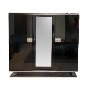 Art Deco Armoire, Black Lacquer, Mahogany, Chrome, Mirror, France Circa 1930
