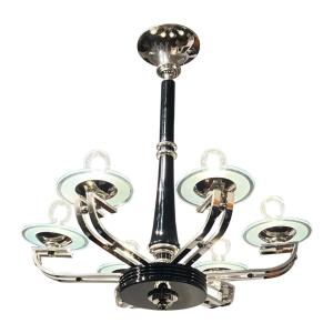 Art Deco Ceiling Lamp, Black Lacquer, Chrome, Glass, France Circa 1930
