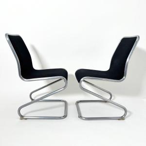 Pair Of Modern Z-shaped Chairs, Steel Tube And Black Fabric, Italy Circa 1970