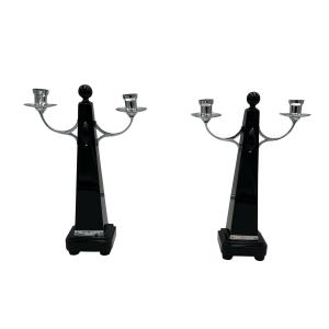 Pair Of Art Deco Candlesticks, Black Lacquer, Nickel, Netherlands Circa 1930