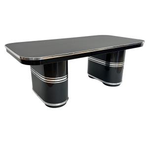 Mauser 'new York' Desk, Black Lacquer, Metal, Linoleum, Germany Circa 1950