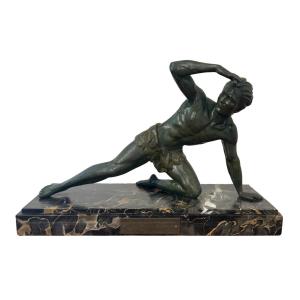 Art Deco Sculpture By Jean De Roncourt, Spelter, Marble, France Circa 1930