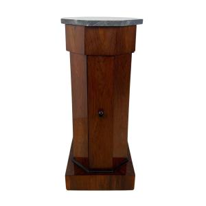 Biedermeier Tambour Cabinet, Walnut Veneer, Marble, France Circa 1830