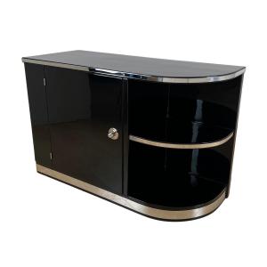 Art Deco Low Sideboard, Black Lacquer, Metal, France Circa 1930