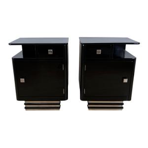 Pair Of Art Deco Bedside Tables, Black Lacquer, Chrome, France, Circa 1930