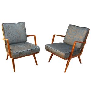 Pair Of Lounge Chairs By Knoll, Cherry Wood, Blue-silver Fabric, Germany, 1950s