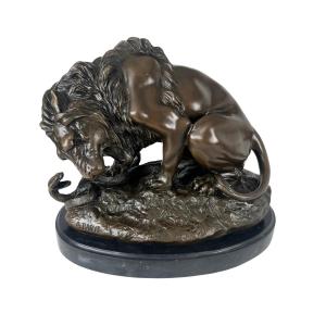 Bronze Sculpture, Lion With Snake, After A. Barye, France, 20th Century