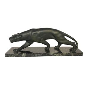 Art Deco Panther In Bronze And Marble, Signed Secondo, France, Circa 1930