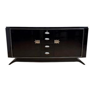 Art Deco Sideboard, Black Lacquer, Maple, Chrome, France, Circa 1930