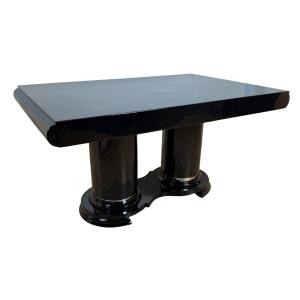 Art Deco Dining Table, Black Lacquer, Metal, France, Circa 1930