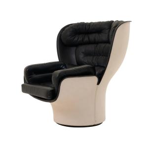 Elda Chair, Joe Colombo, Black Leather, Off-white Shell, Italy, Circa 1970