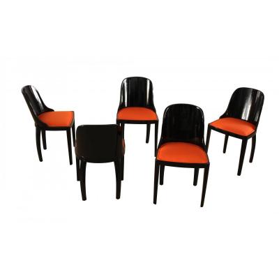 Set Of 4 Art Deco Chairs, Blackened Wood, Orange Fabric, France, Circa 1930