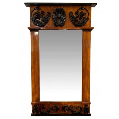Empire Wall Mirror, Bright Mahogany, Carved Black Decor, South Germany, Circa 1810