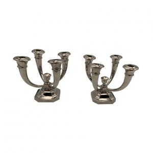 Pair Of Art Deco Candlesticks By Jules Leleu, Nickel-plated Bronze, France, Circa 1930