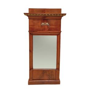 Biedermeier Wall Mirror, Cherry Veneer, Brass Decor, South Germany Circa 1820