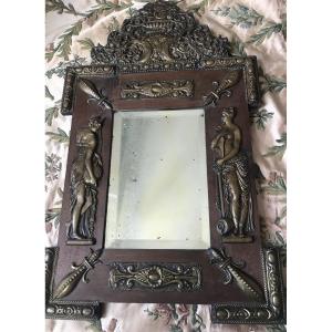 Embossed Brass Mirror With Antique Decor, 19th Century 