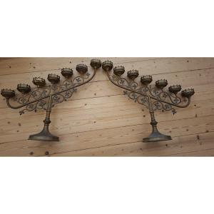 Pair Of Very Ecclesiastical Candlesticks Of 14 Lumens