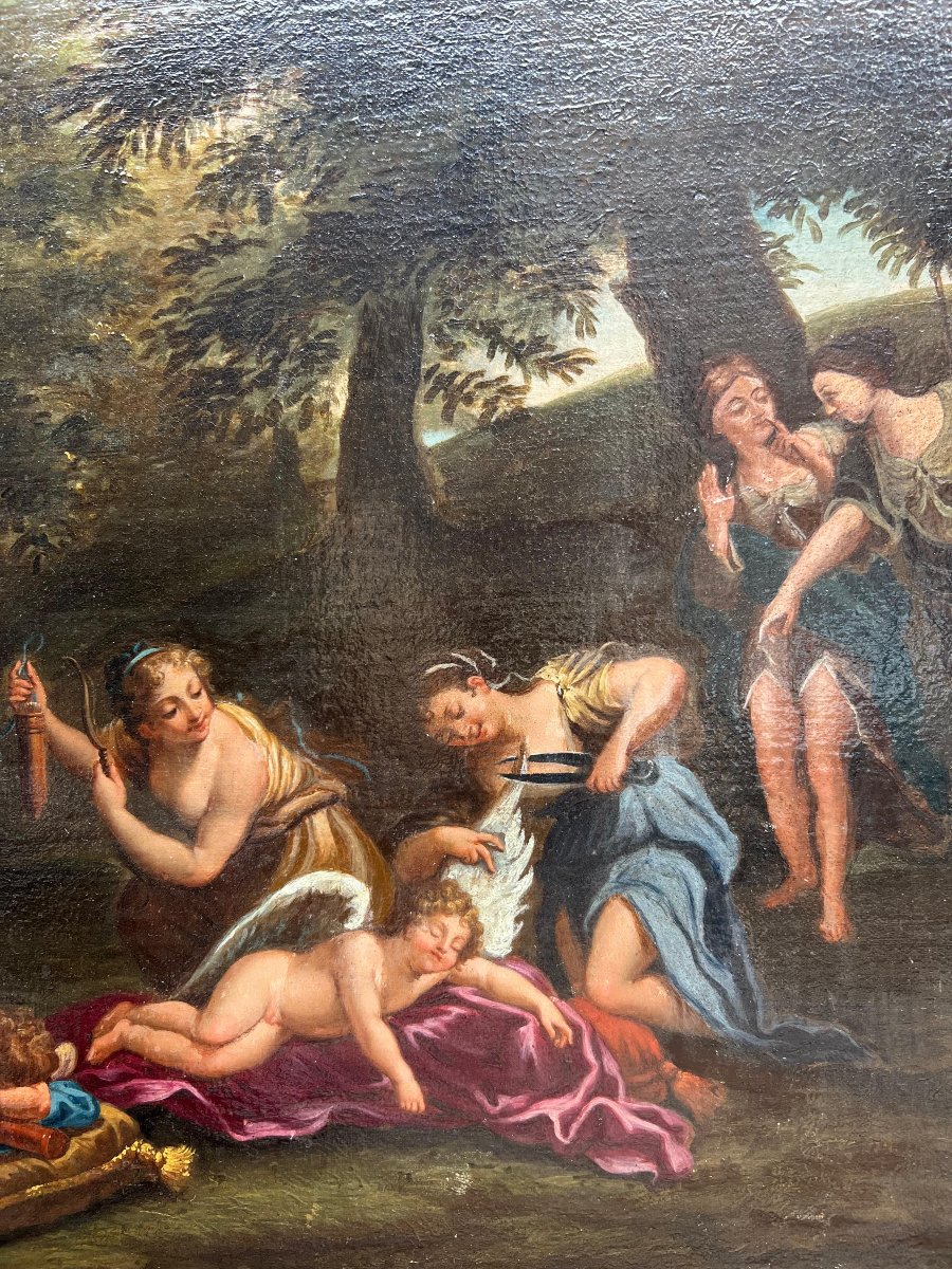 Dipinto a olio su tela "Ninfe che tagliano le ali ai putti". Cerchia di Francesco Albani -photo-2