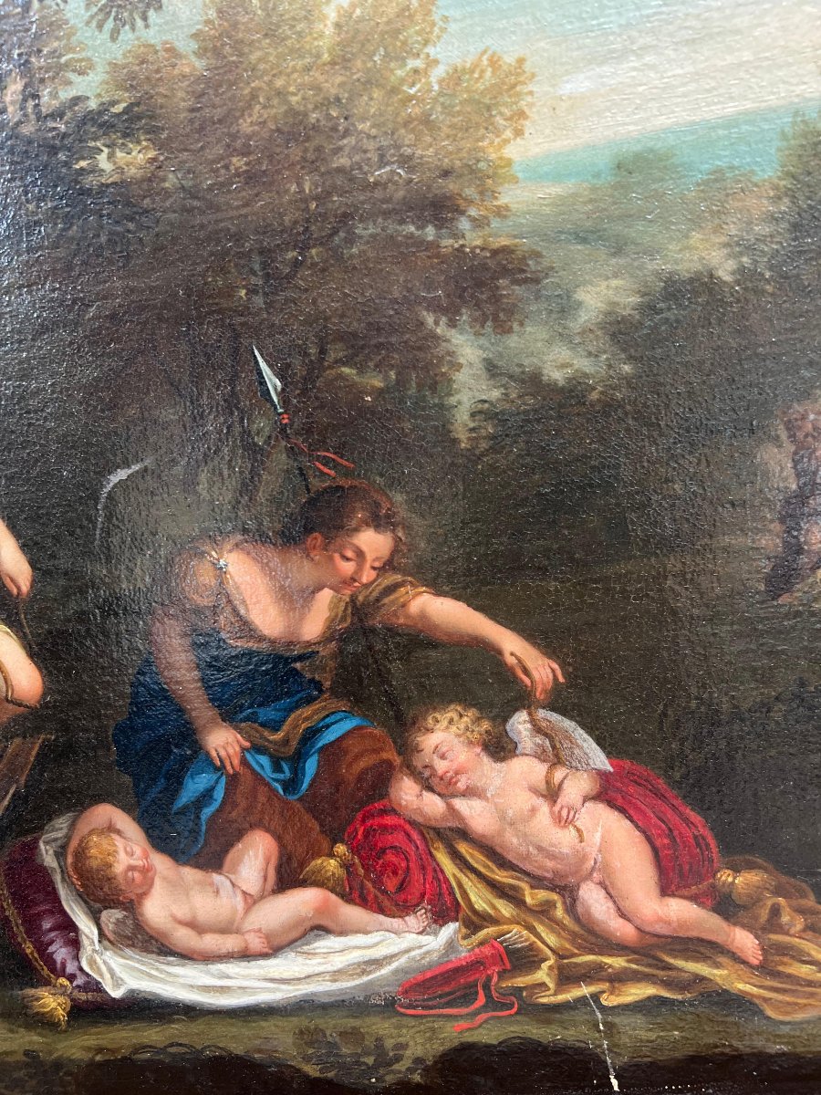 Dipinto a olio su tela "Ninfe che tagliano le ali ai putti". Cerchia di Francesco Albani -photo-3