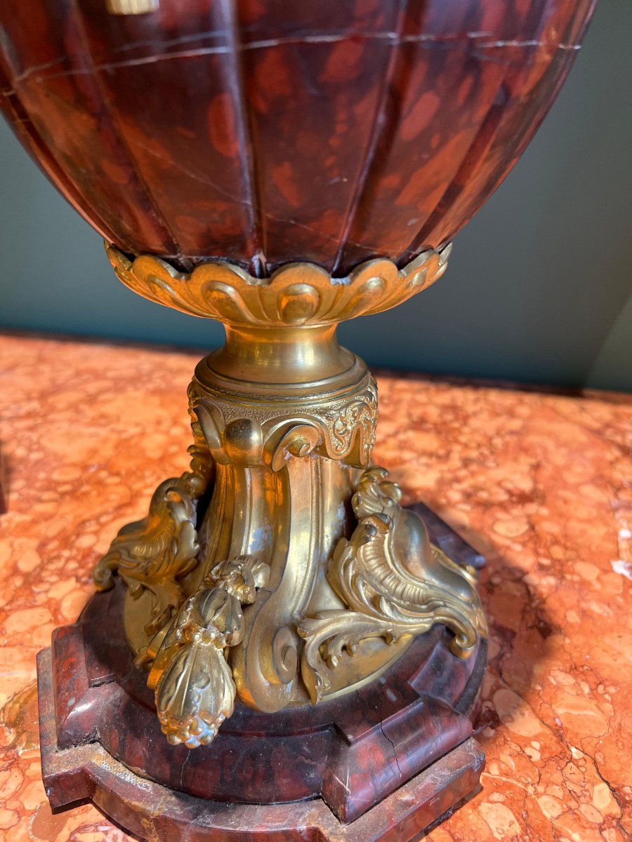 Coppia di vasi in bronzo dorato e marmo rosso. Francia, epoca Napoleone III-photo-2