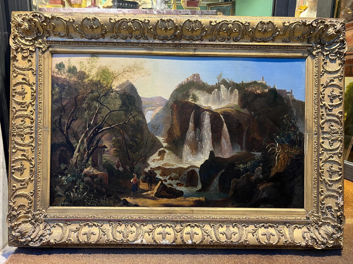 Dipinto a olio su tela "Le cascate di Tivoli". Arthur John Strutt, 1870