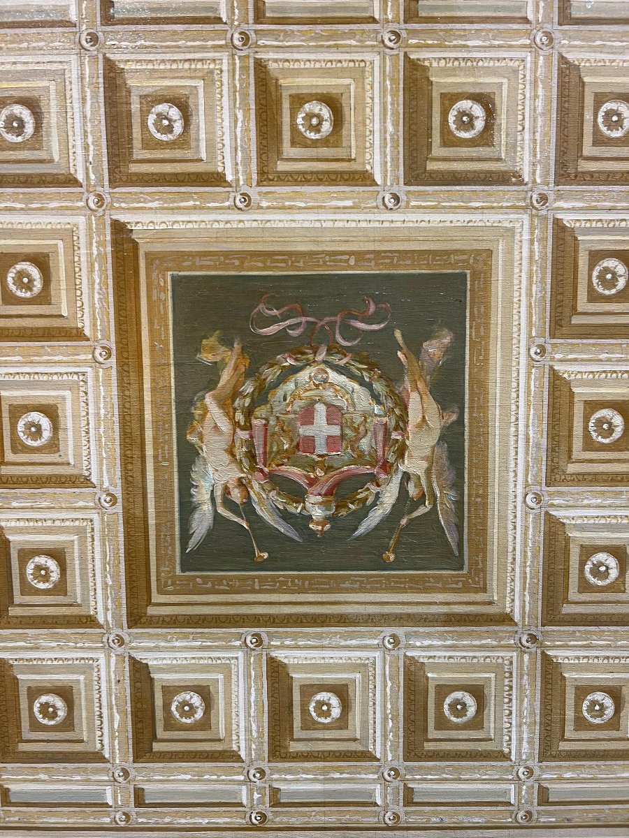 Olio su tela di bozzetto di soffitto a cassettoni. Ettore Ballerini, Roma, gusto neoclassico-photo-2