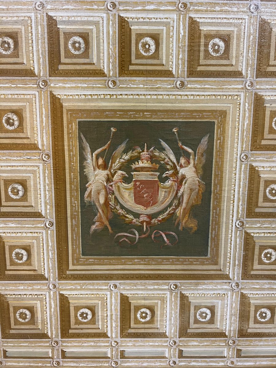 Olio su tela di bozzetto di soffitto a cassettoni. Ettore Ballerini, Roma, gusto neoclassico-photo-3