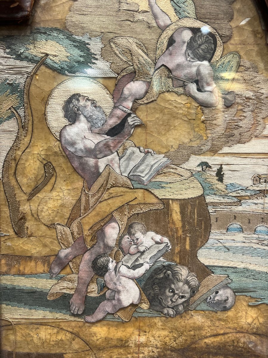 Ricamo sacro con cornice laccata. Italia, inizi XVIII secolo.-photo-3