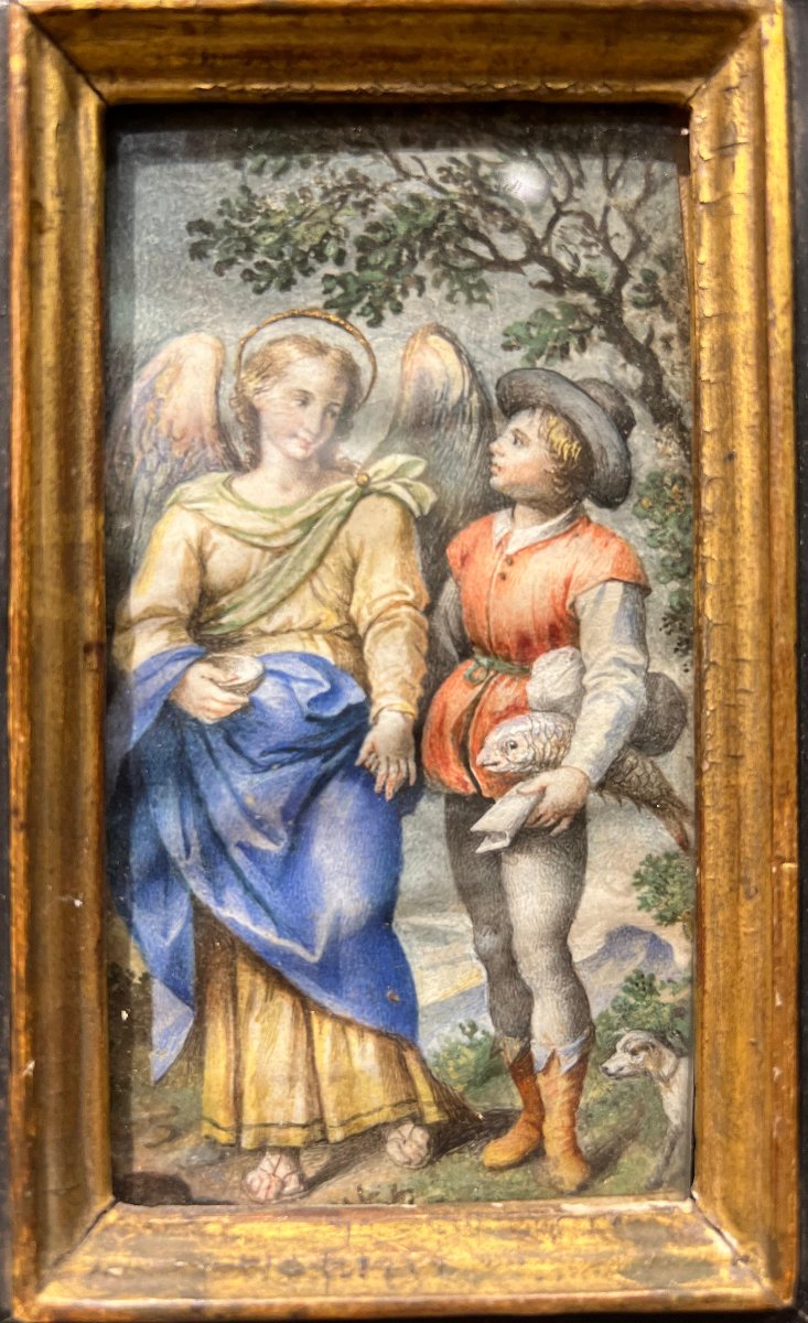 Miniatura Tobia e l'Arcangelo Raffaele, dipinto su pergamena. XVIII secolo-photo-2
