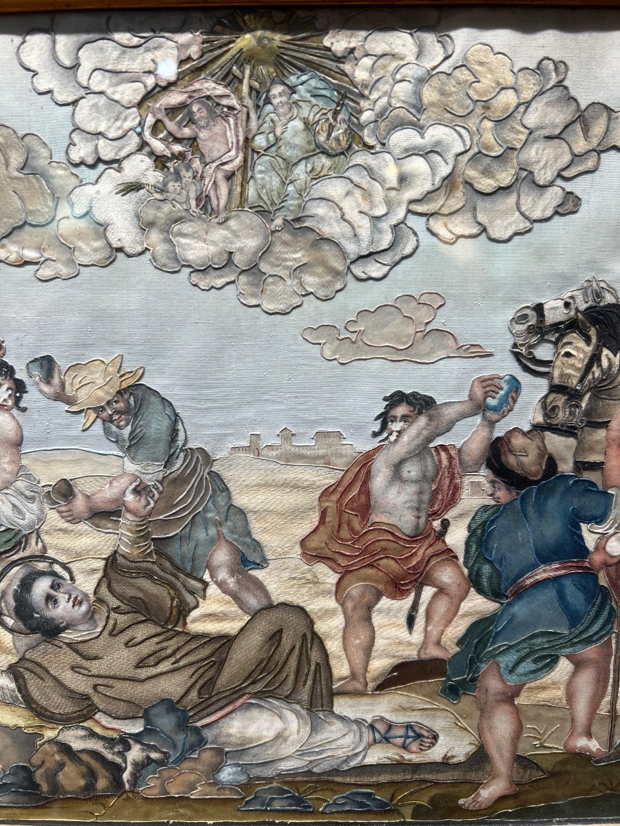 Ricamo sacro su seta con cornice coeva. Italia, XVIII secolo.-photo-2