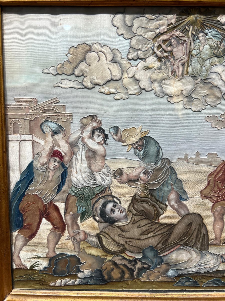 Ricamo sacro su seta con cornice coeva. Italia, XVIII secolo.-photo-3