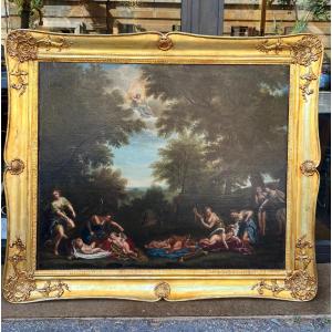 Dipinto a olio su tela "Ninfe che tagliano le ali ai putti". Cerchia di Francesco Albani 