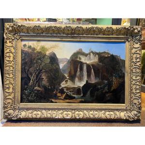 Dipinto a olio su tela "Le cascate di Tivoli". Arthur John Strutt, 1870
