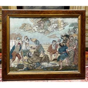 Ricamo sacro su seta con cornice coeva. Italia, XVIII secolo.