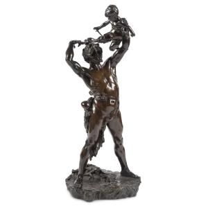Bronze Sculpture, “shepherd And Sylvain” By Léopold Steiner (1853-1899)