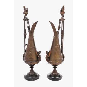 Pair Of Neo-greek Style Bronze Ewers Attributed To Ferdinand Levillain